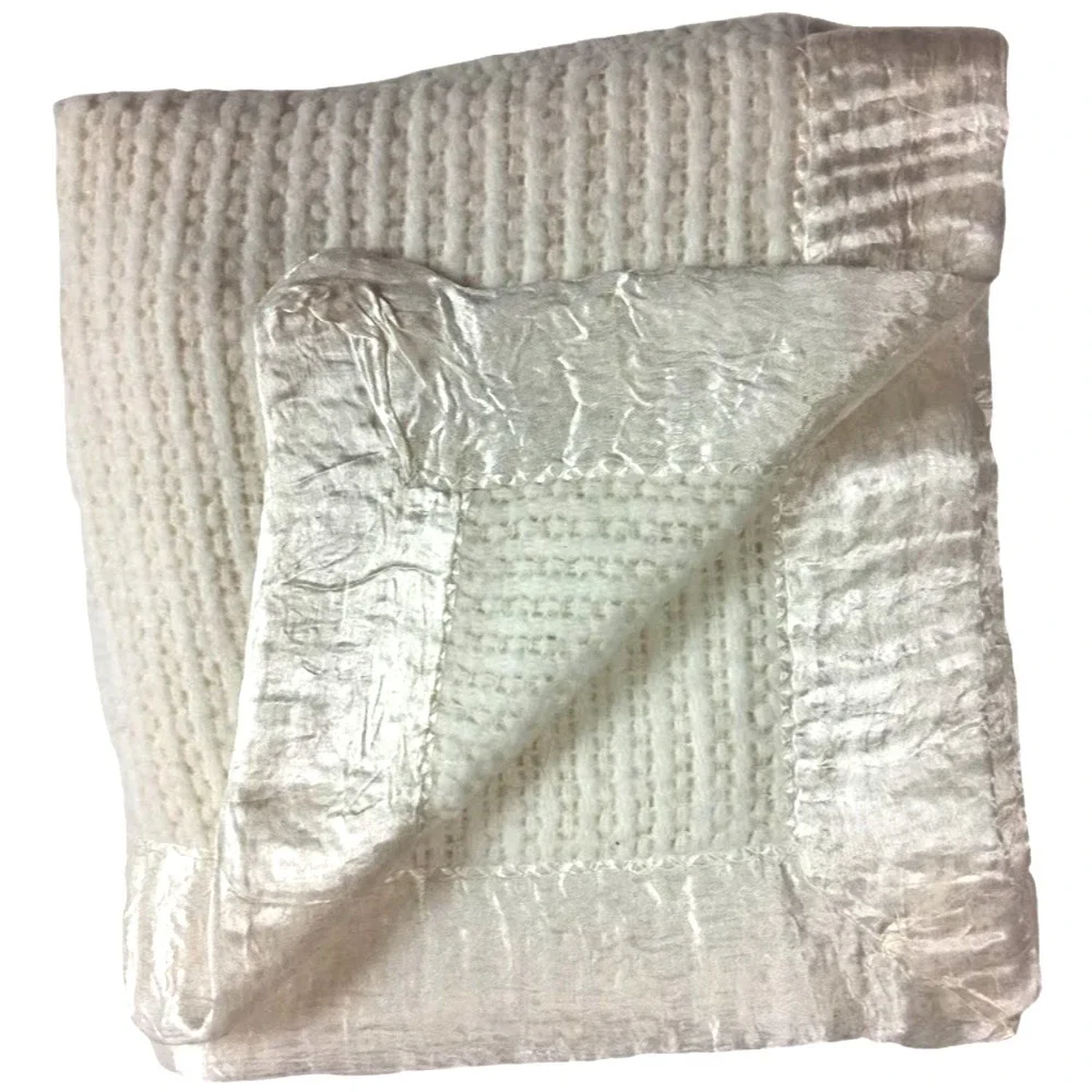 Vintage Unbranded Beige Thermal Baby Blanket Satin Trim Open Weave SOFT Lovey